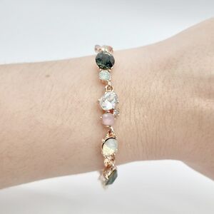 Pastel Green Pink Crystal Link Bracelet | Gold Multi-Stone Statement Bracelet